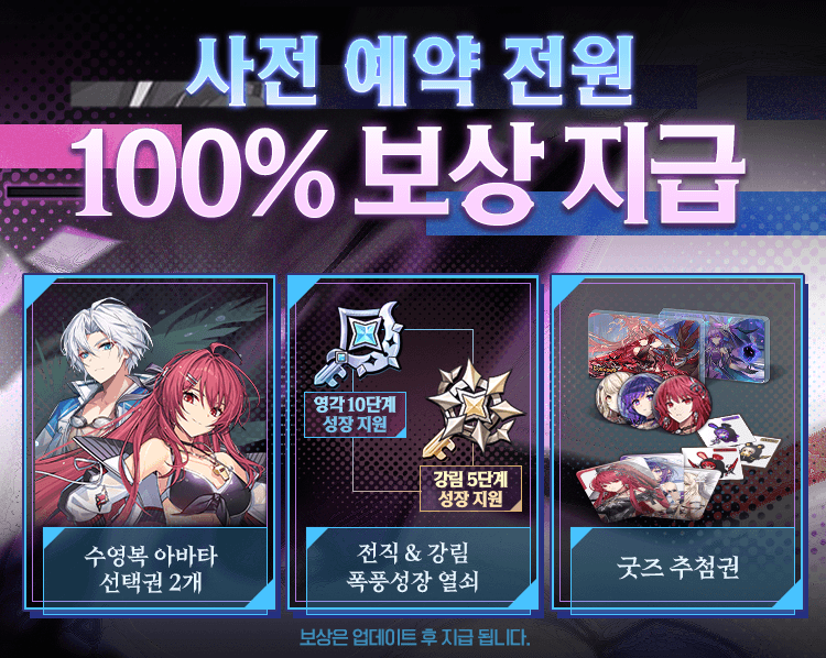 사전예약 전원 100% 보상 지급! 수영복 아바타 선택권 2개, 전직 & 강림 폭풍성장 열쇠, 굿즈 추첨권